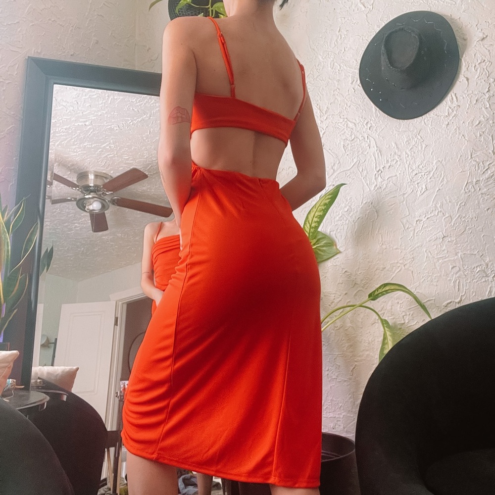 SOLD | ASTR The Label Hot Red Ruched Cutout Midi Dress - Picture 3 of 5